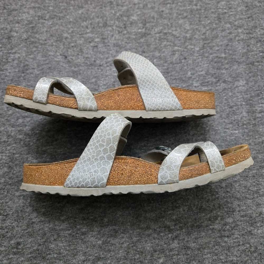 Birkenstock Mayari Sandals Women 40 Silver Snake Print Glitter Strappy Comfort - Picture 9 of 11